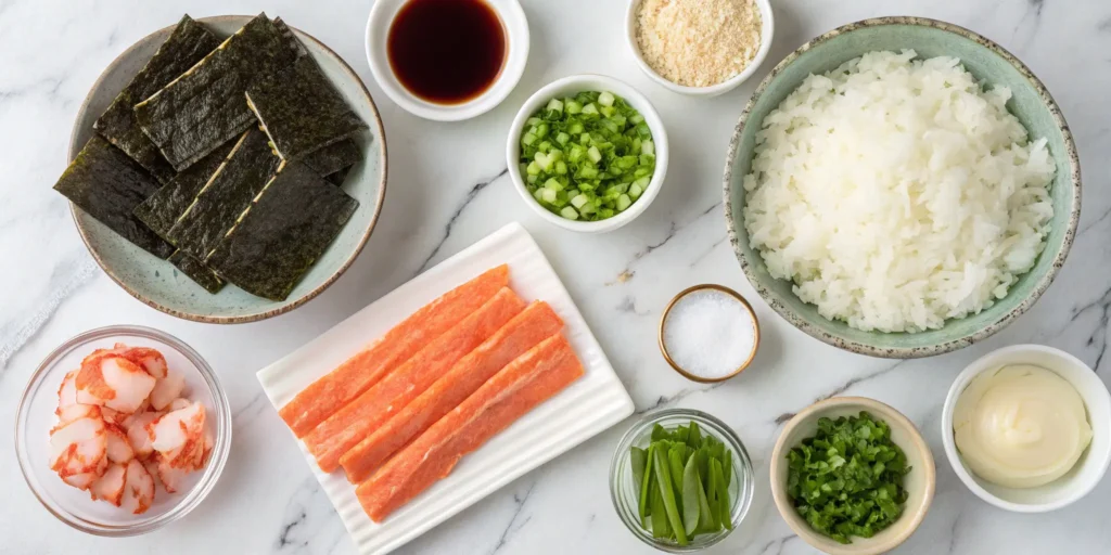 Top-down view of sushi bake ingredients neatly arranged in bowls on a white surface