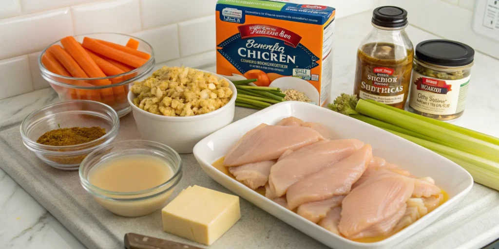 Ingredients for stove top stuffing chicken bake including chicken breasts, stuffing mix, chicken broth, butter, vegetables, and seasonings on kitchen counter