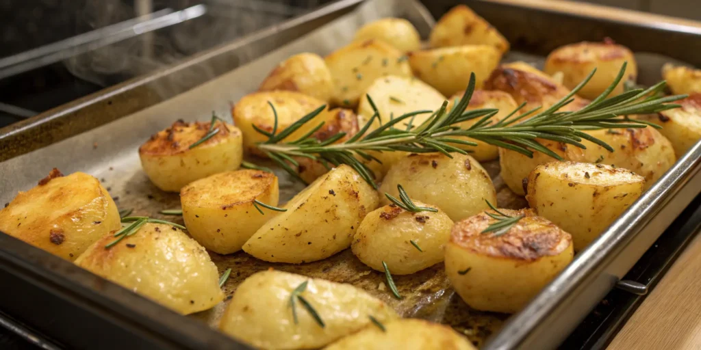 Crispy roasted potatoes seasoned with rosemary and garlic on baking tray