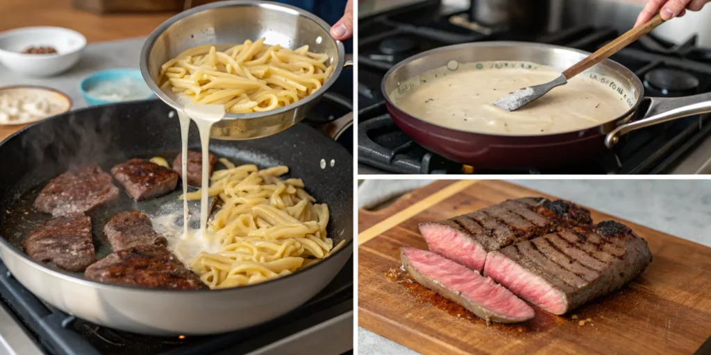 Step-by-step cooking process of steak and pasta recipe