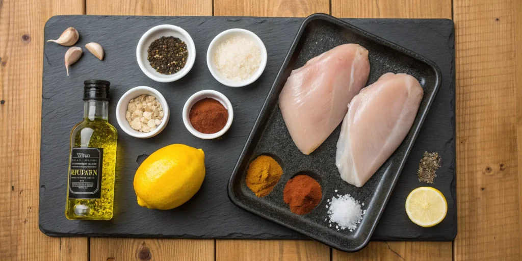 Ingredients for cooking chicken breast on Blackstone griddle