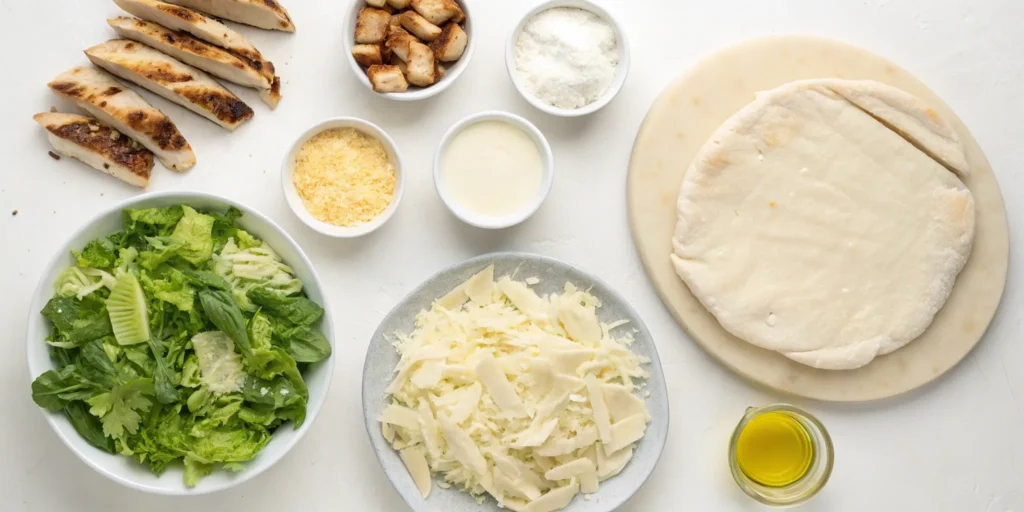 Flat lay of Chicken Caesar Pizza ingredients on white background