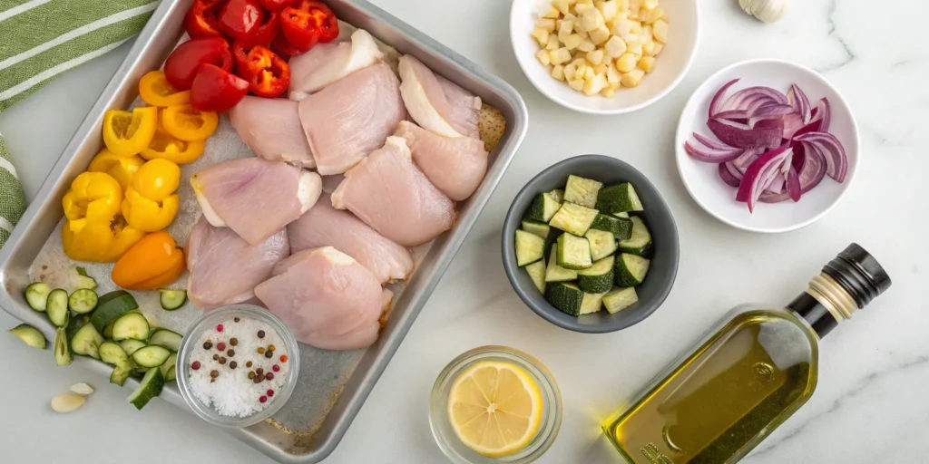 Raw ingredients for Greek sheet pan chicken and veggies