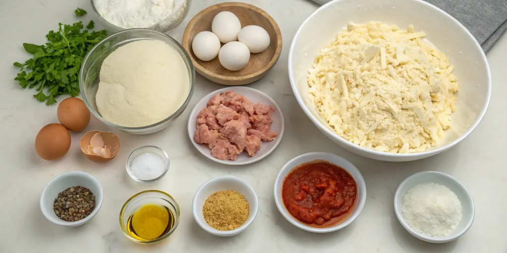 Ingredients for making chicken dough pizza at home