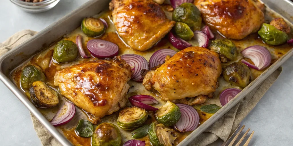 Honey mustard sheet pan chicken thighs with Brussels sprouts