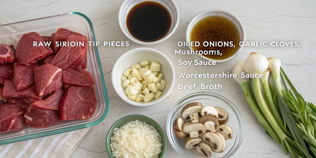 Ingredients for sirloin tip beef recipe laid out on counter