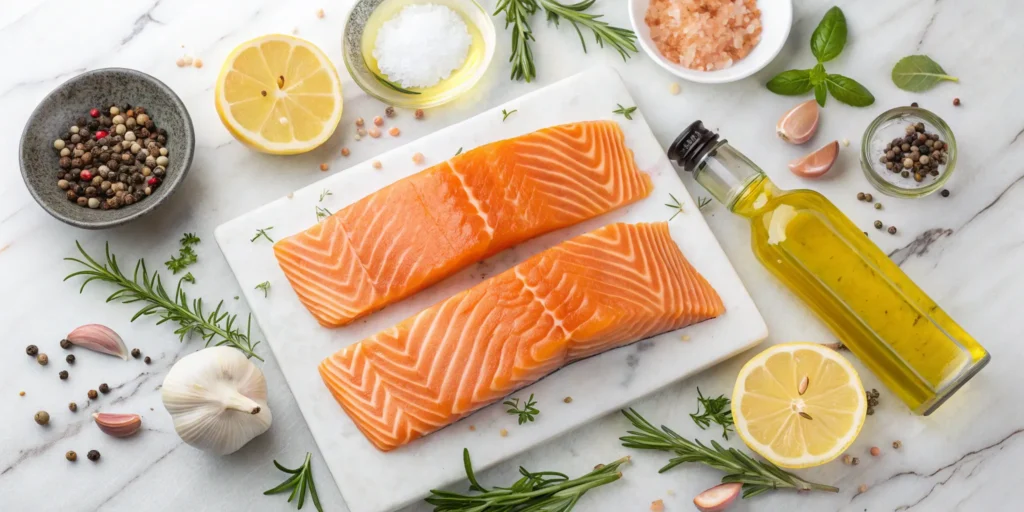 Ingredients for roasted salmon laid out on a kitchen counter