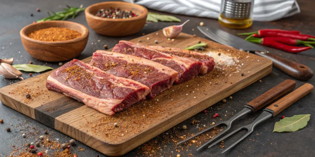 Raw beef short ribs seasoned with BBQ rub on a board