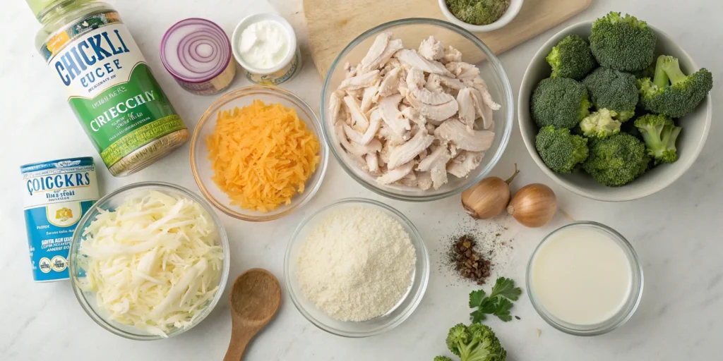 Ingredients for chicken broccoli rice casserole laid out