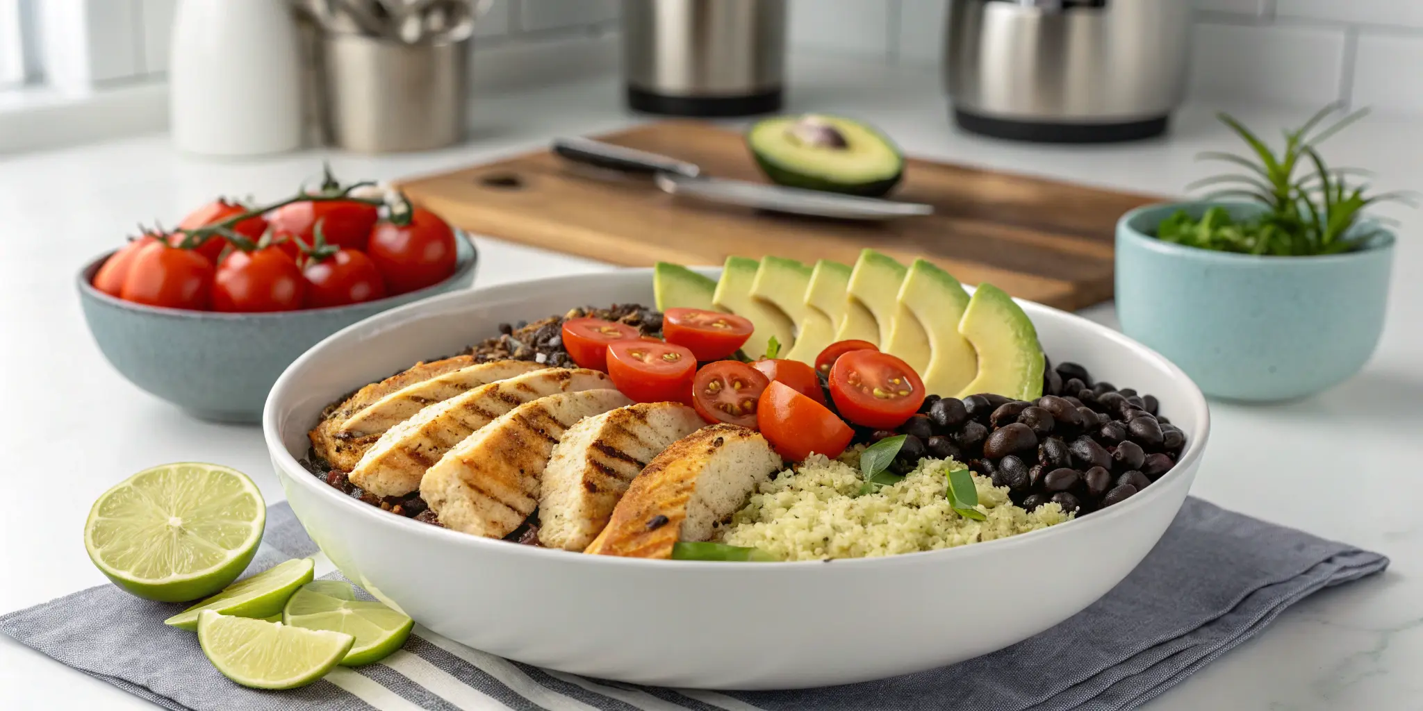 Grilled chicken quinoa bowl with avocado and tomatoes, Healthy Chicken Dinner