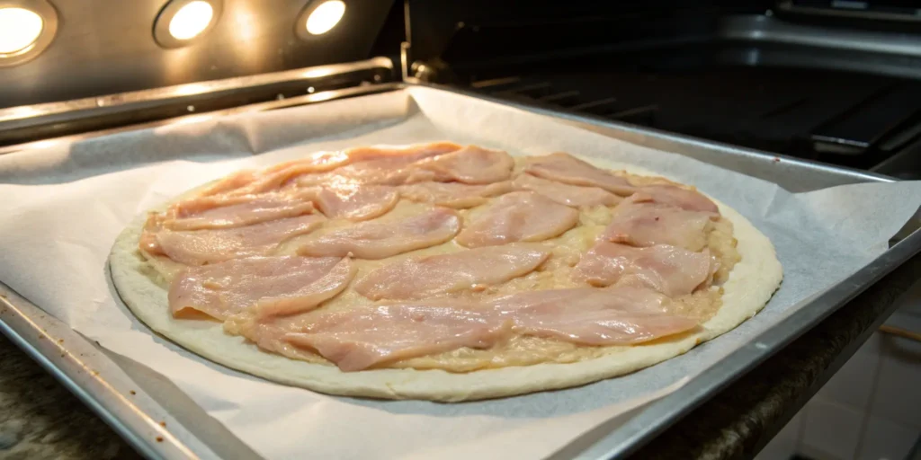 Shaped raw chicken crust pizza on parchment paper before baking