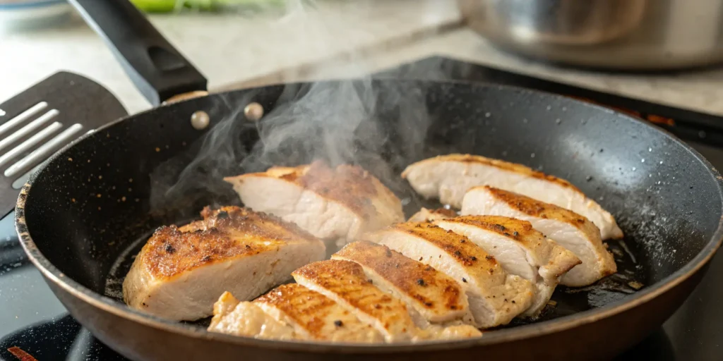 Chicken breast being cooked for Alfredo pasta