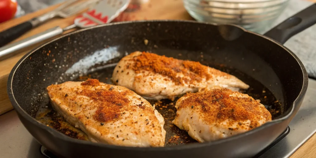 Chicken breasts searing in skillet with seasoning