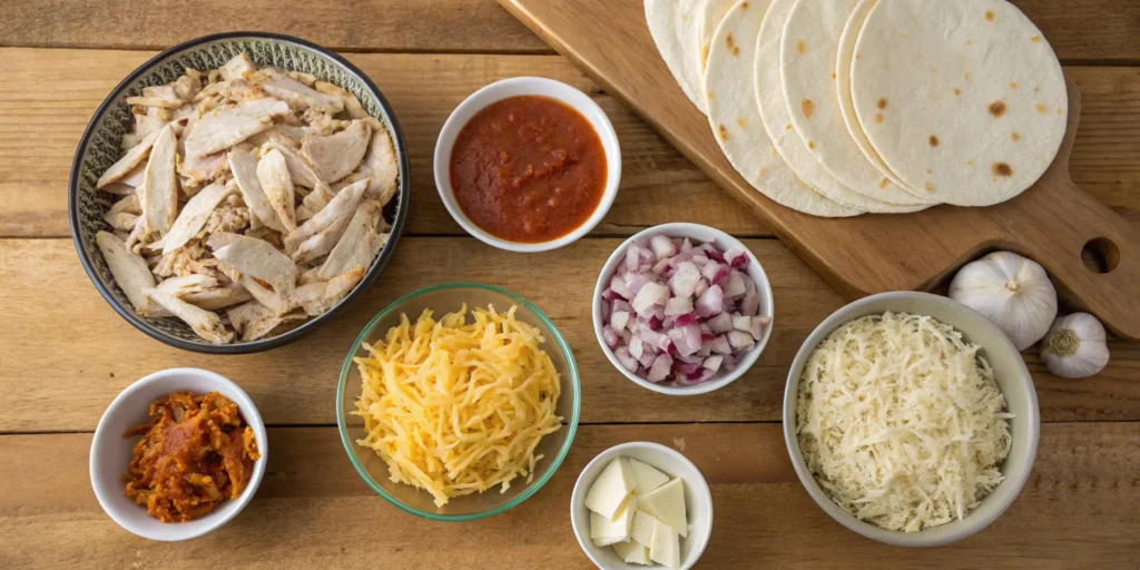 Ingredients for chicken enchiladas laid out on a wooden table