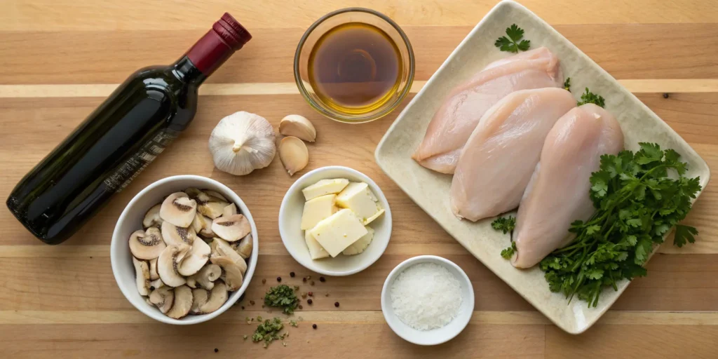 Flat lay of Chicken Marsala Recipe ingredients on wooden surface,