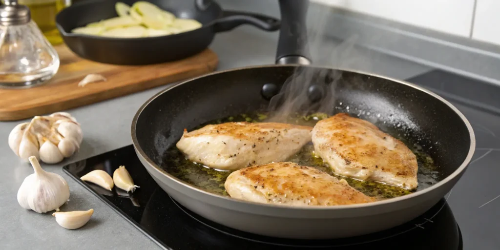 Chicken breasts searing in skillet for chicken piccata