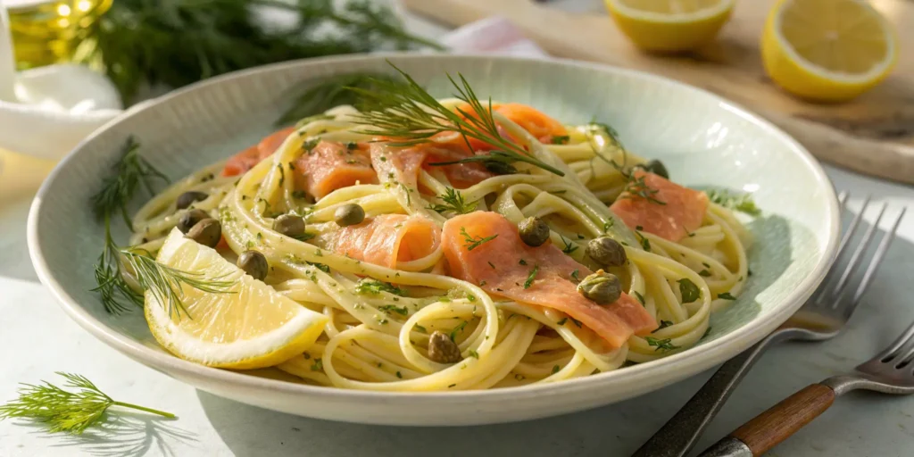 Smoked salmon lemon dill pasta with lemon zest and capers