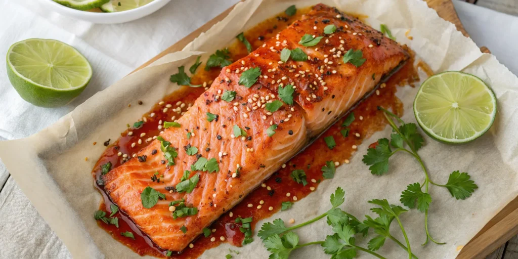 Spicy honey sriracha salmon with sesame seeds and lime
