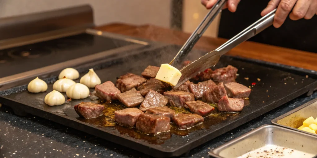 Marinated hibachi beef cubes searing on a Blackstone griddle