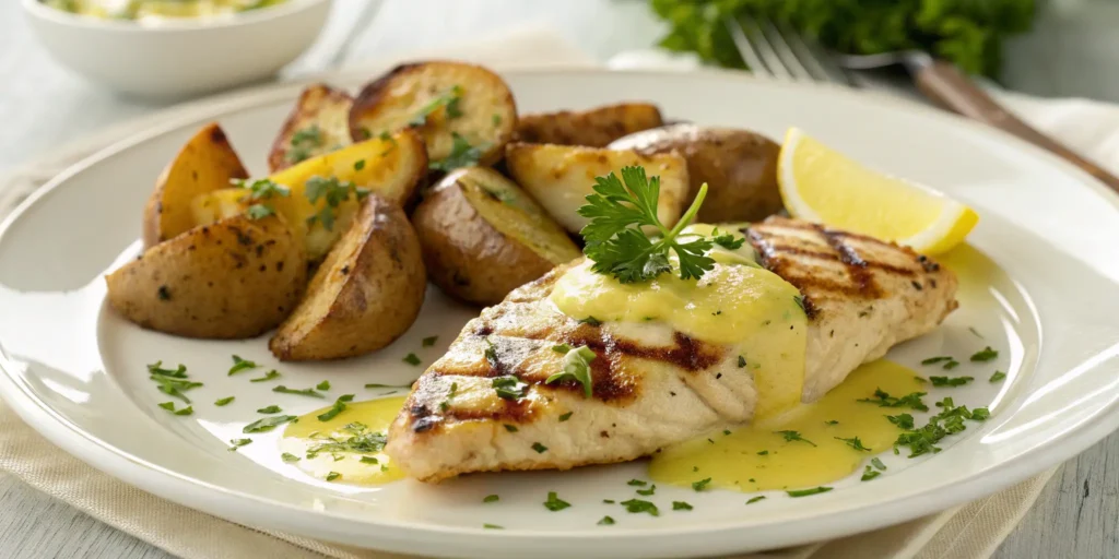 Grilled chicken breast drizzled with lemon butter sauce