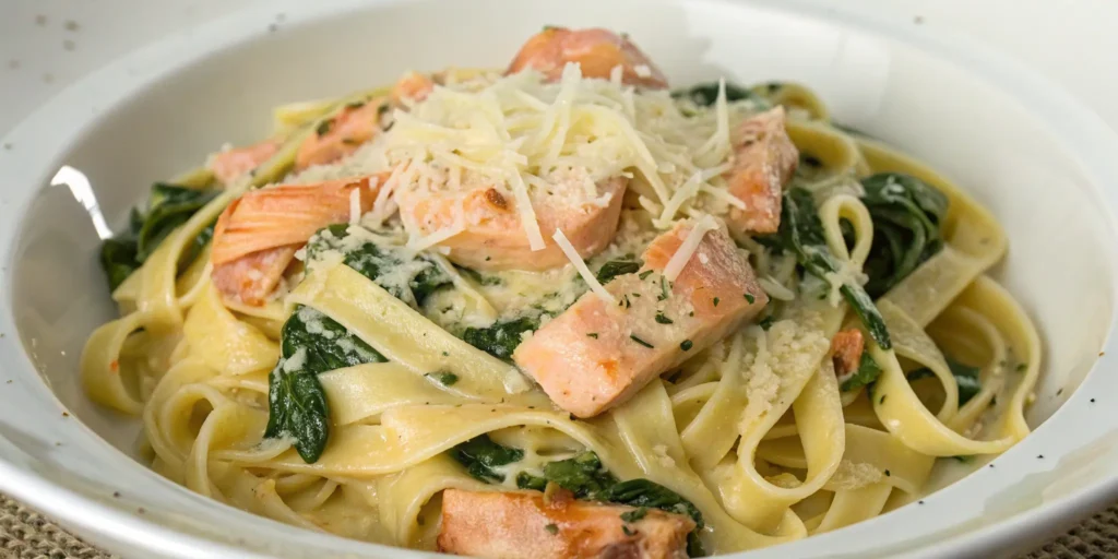 Fettuccine with salmon and spinach in garlic cream sauce