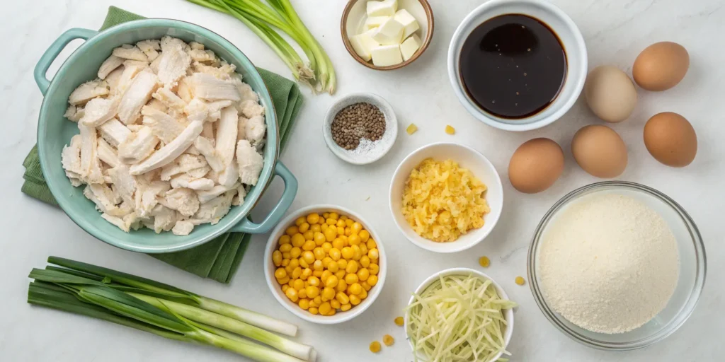 Flat lay of ingredients for making chicken corn soup at home