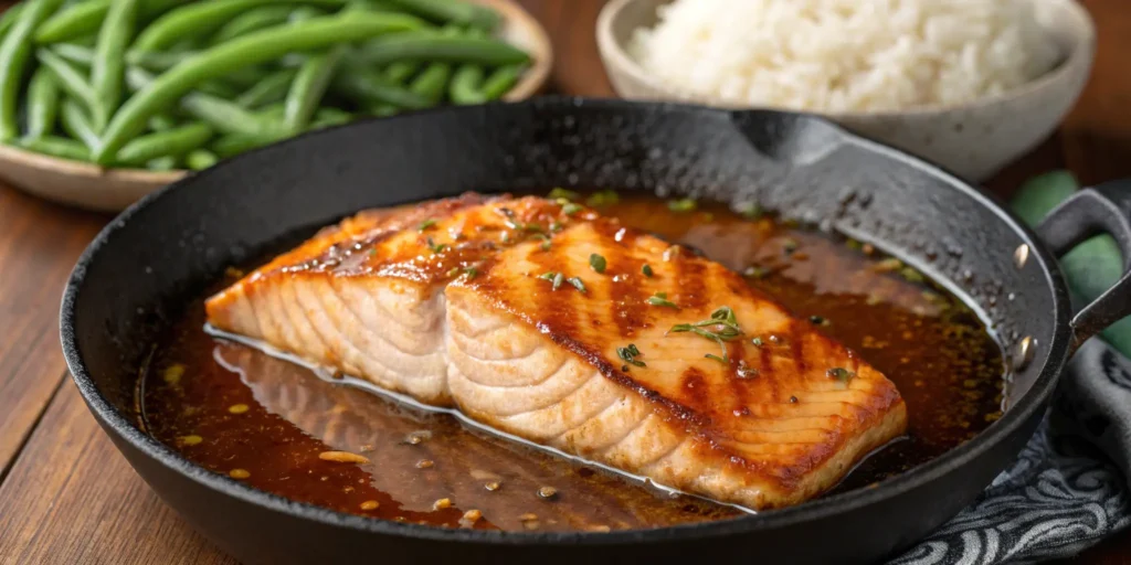 Skillet of honey garlic glazed salmon with rice and vegetables, Salmon Glaze