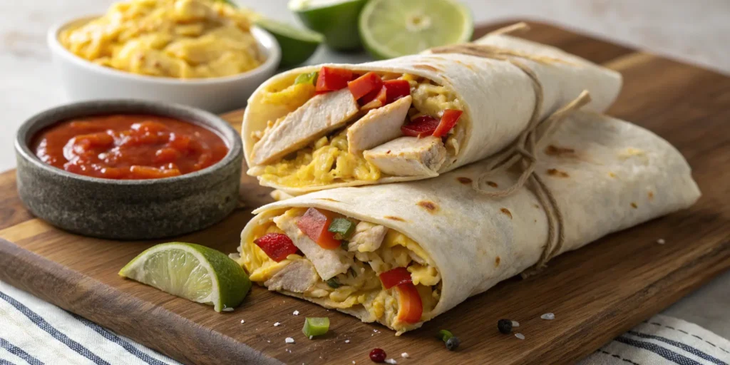 Sliced breakfast burritos filled with chicken, scrambled eggs, cheese, and peppers on a wooden board, Chicken and Eggs