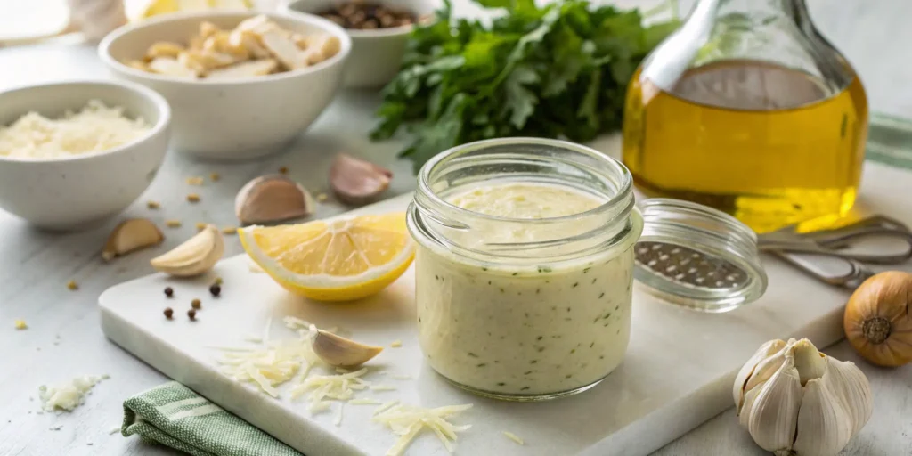 Homemade Caesar dressing in a jar with ingredients around it