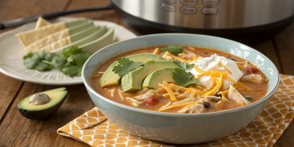 Creamy chicken tortilla soup with cheese and sour cream garnish