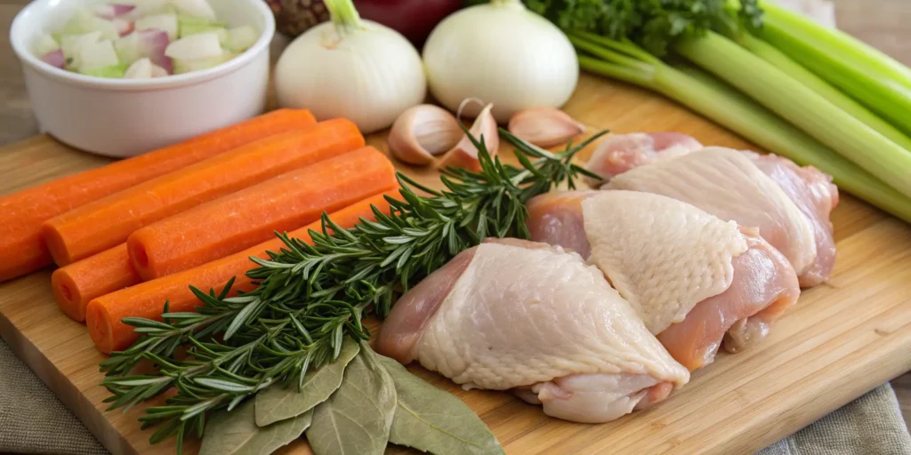 Fresh bone-in chicken thighs and vegetables on chopping board for chicken soup
