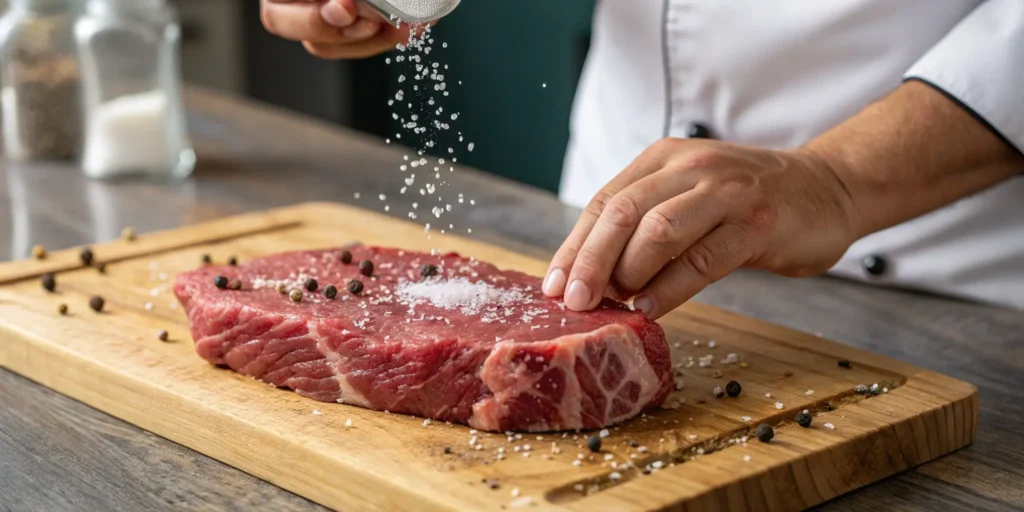 Seasoning raw beef tenderloin for Gordon Ramsay Beef Wellington