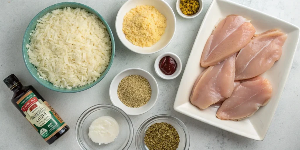 Ingredients for LongHorn Parmesan Crusted Chicken laid out on a kitchen counter