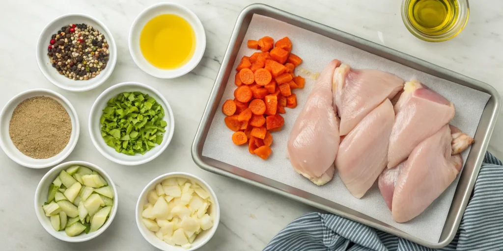 Ingredients prepped for sheet pan chicken dinner on a kitchen counter