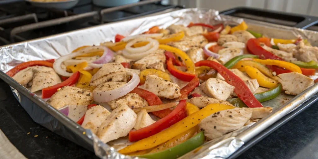 Seasoned sheet pan chicken fajitas before baking