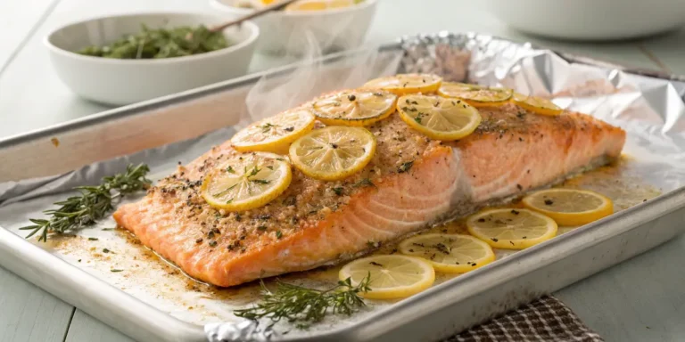Baked salmon fresh from the oven with lemon and herbs