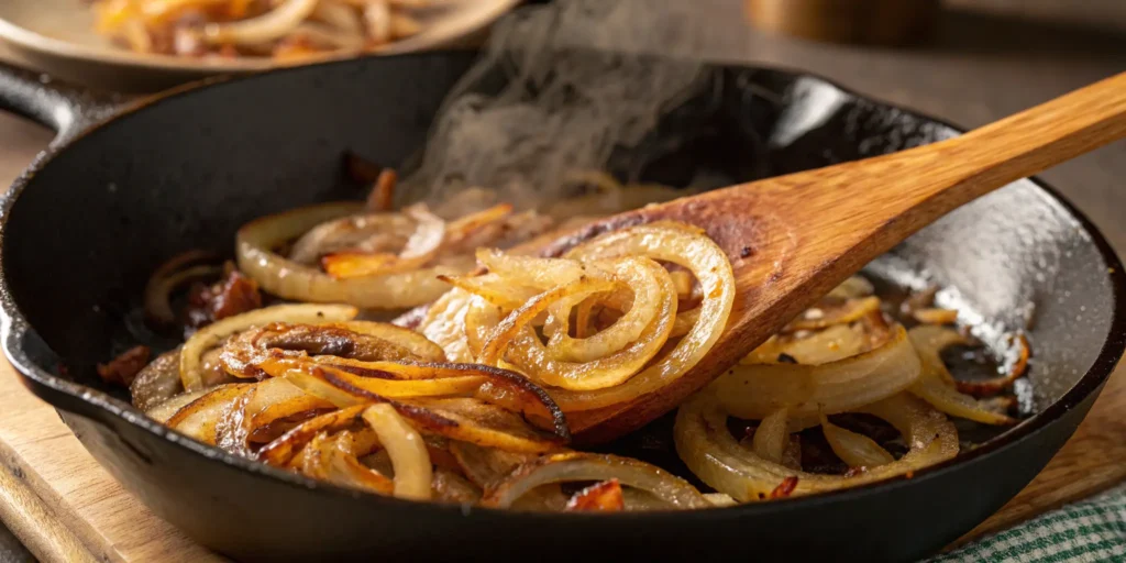 Onions being caramelized in a skillet for liver and onions recipe