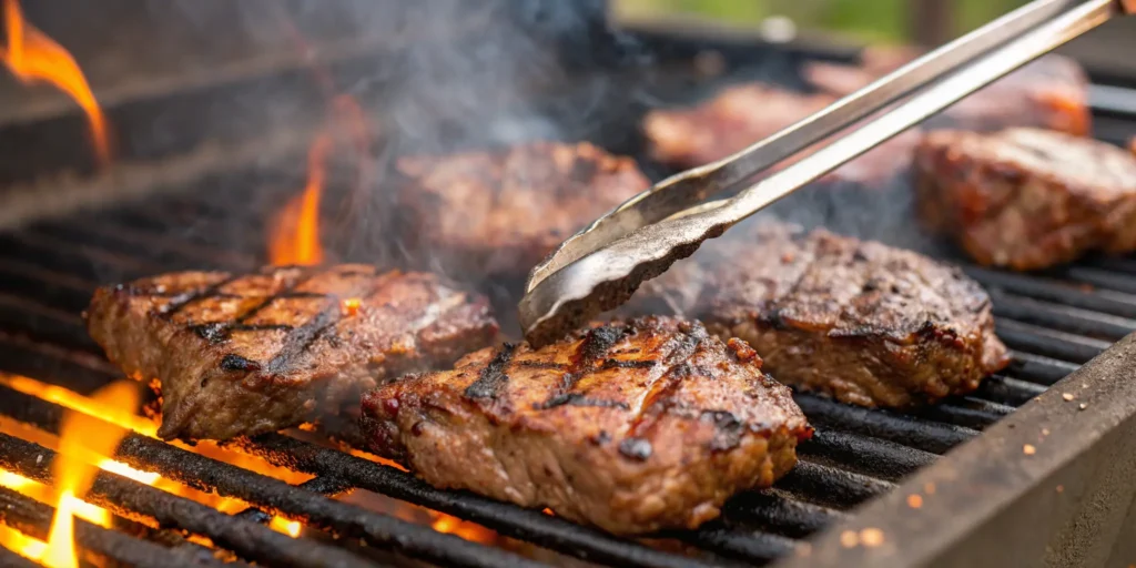 Juicy steak tips grilling over open flame