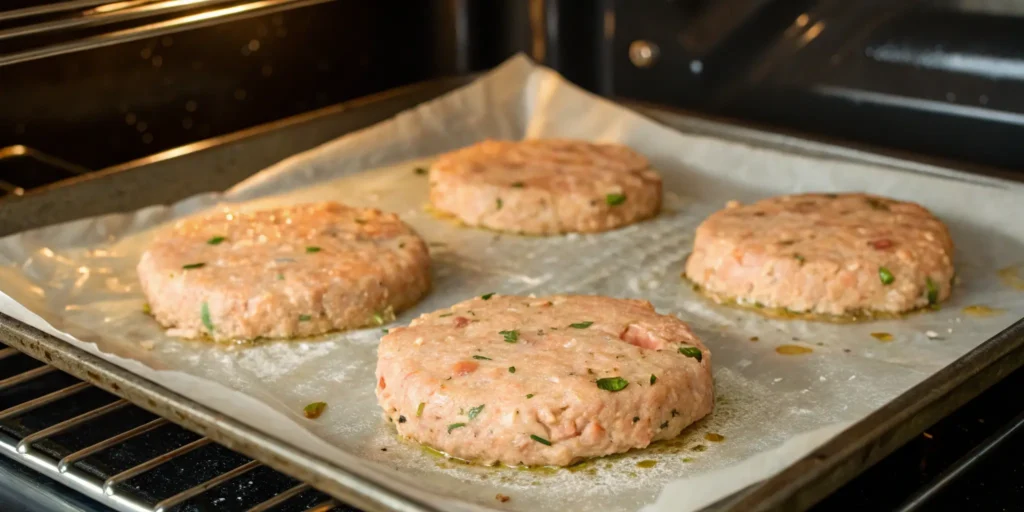 Baked salmon patties cooking in the oven on parchment paper