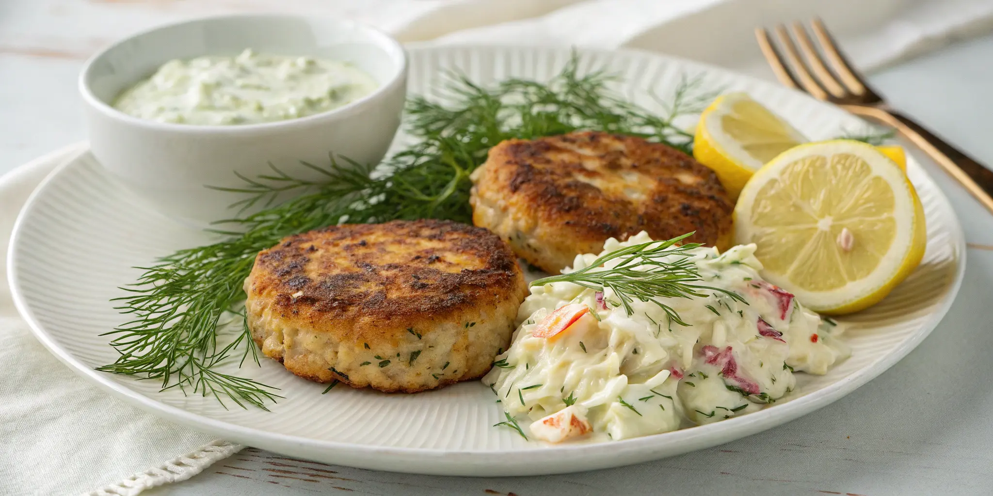 Plated salmon patties with side dishes and dipping sauce