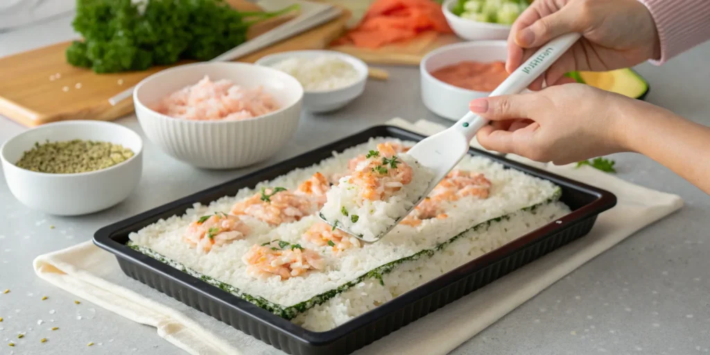 Hands spreading seafood filling over sushi rice in a glass dish