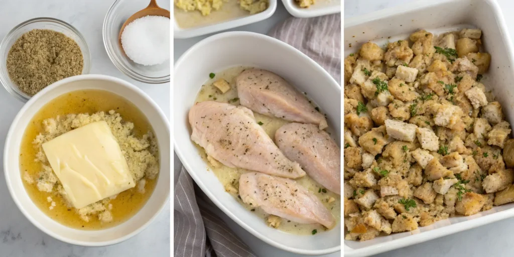 Step-by-step preparation of stove top stuffing chicken bake including mixing stuffing, seasoning chicken, and assembling in baking dish