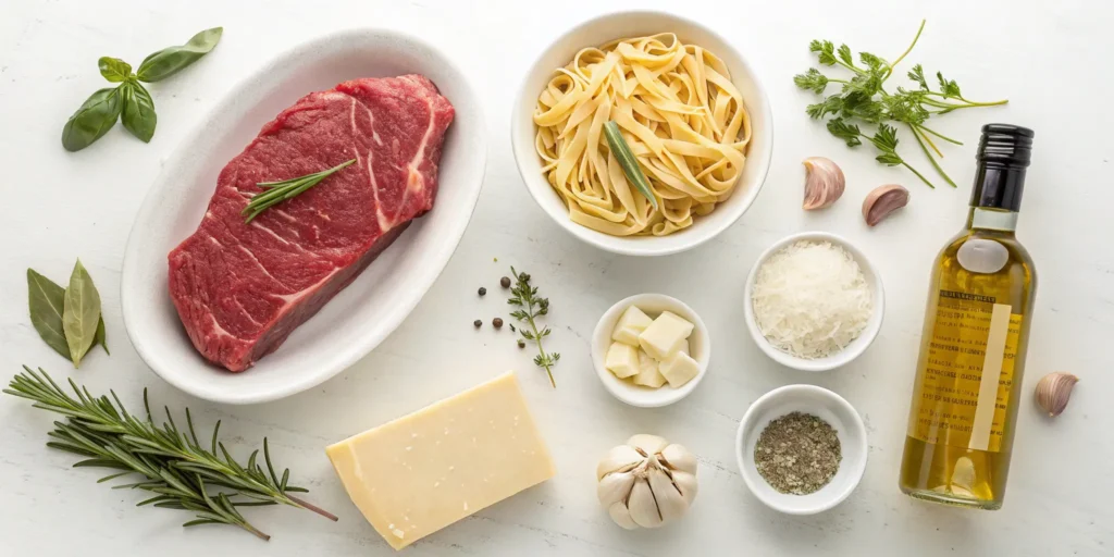 Flat lay of fresh ingredients for steak and pasta