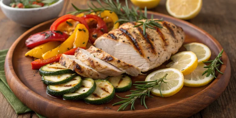 Sliced juicy chicken breast served with grilled vegetables
