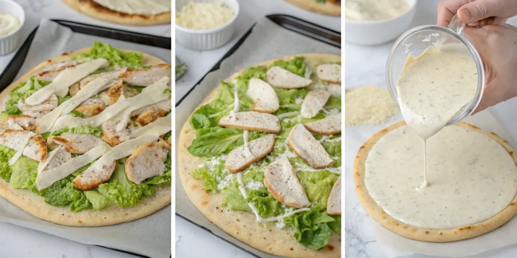 Step-by-step process of assembling Chicken Caesar Pizza