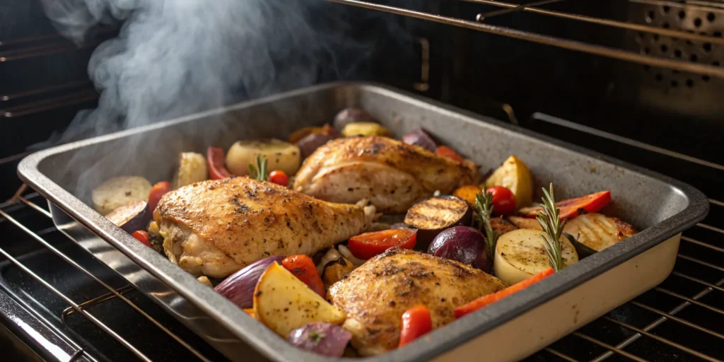 Greek sheet pan chicken and veggies roasting in oven