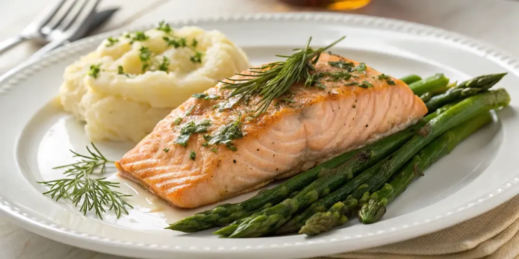 Baked salmon served with roasted asparagus and mashed potatoes