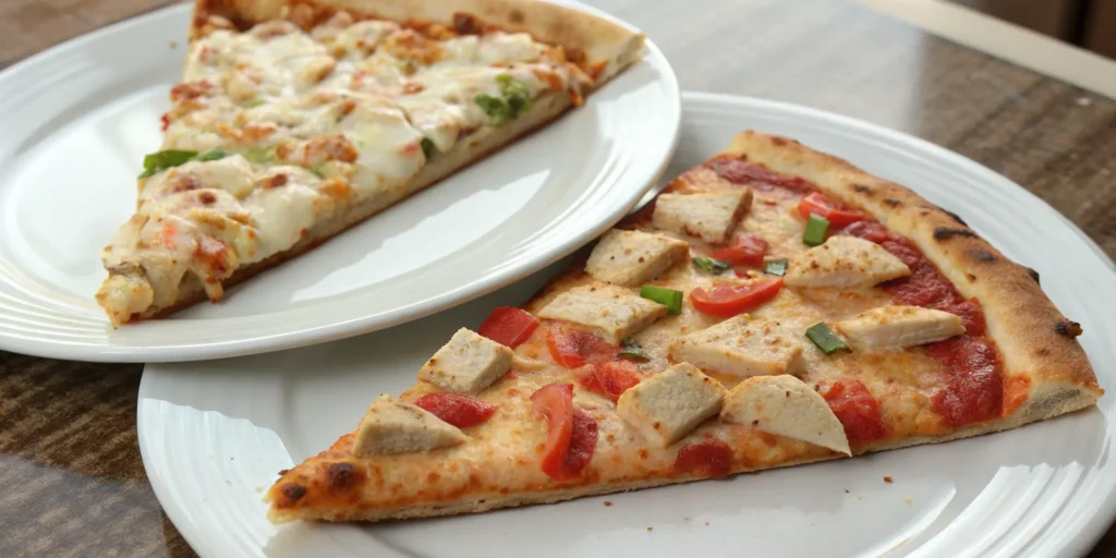 Chicken dough pizza slice next to regular pizza slice