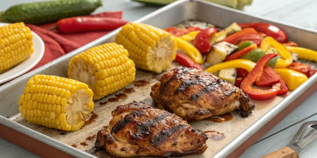 BBQ sheet pan chicken thighs with corn and bell peppers