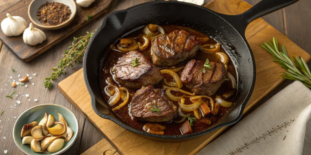 Sirloin tips searing in skillet with gravy and onions